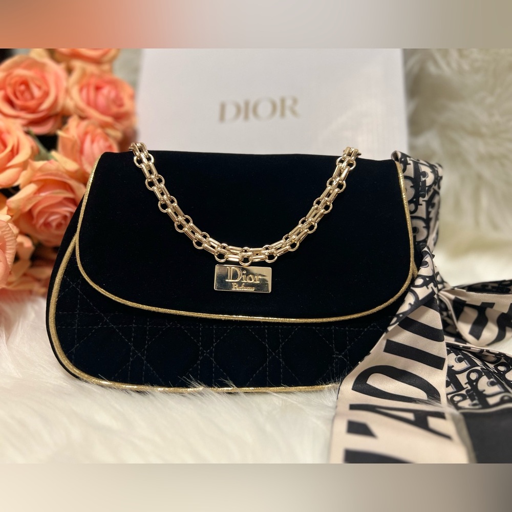 ✨AUTHENTIC DIOR✨ Black Velvet Quilted Pouch/Shoulder Bag/Cosmetics